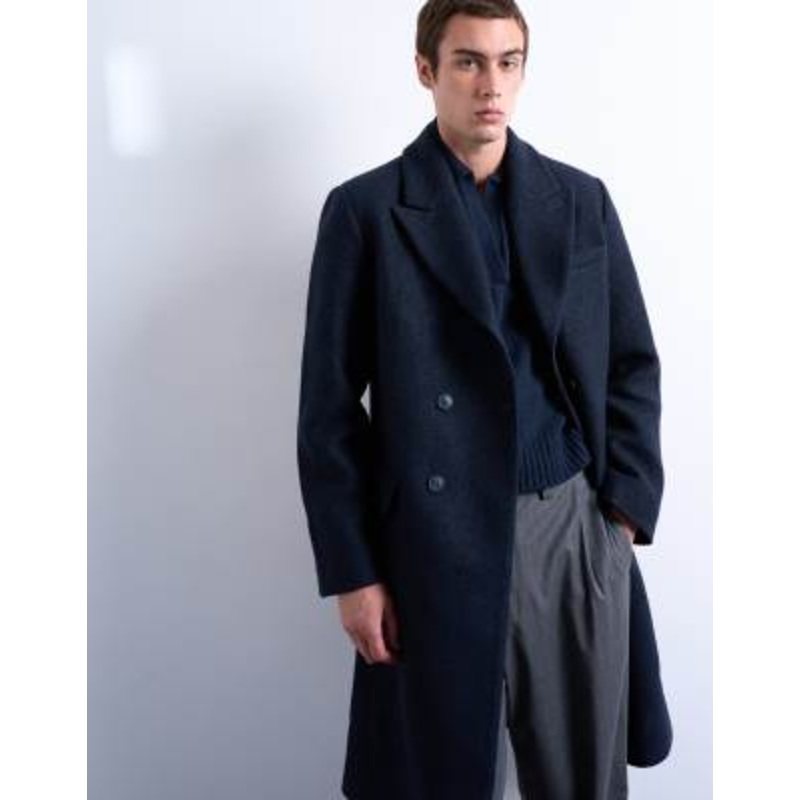 Topman textured double breasted wool blend coat in navy