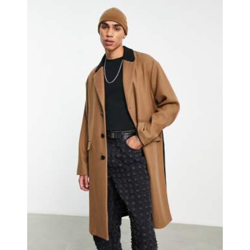 Topman wool blend unlined overcoat with color block in stone and black