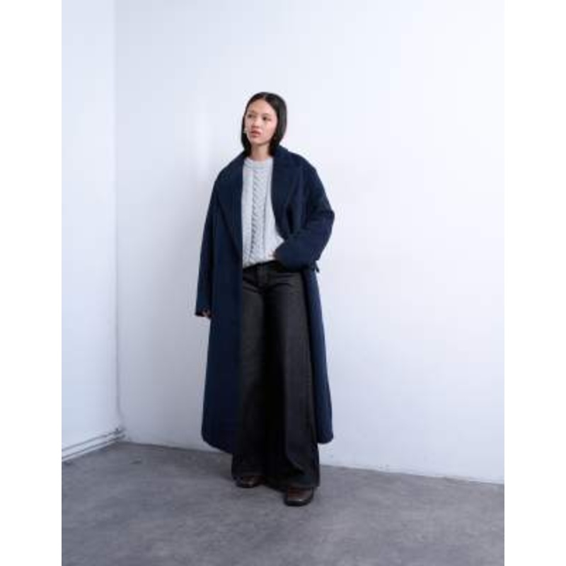 Topshop 3 button brushed wool blend coat in navy