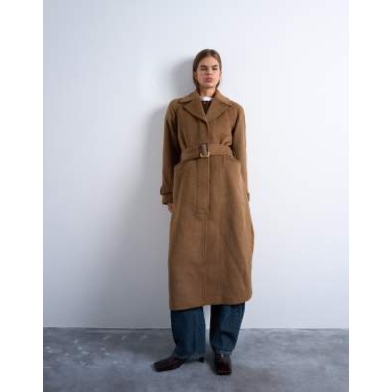 Topshop belted formal longline coat with wool in camel
