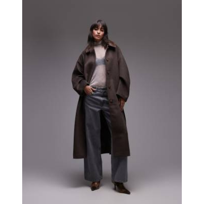 Topshop belted long line formal coat in brown