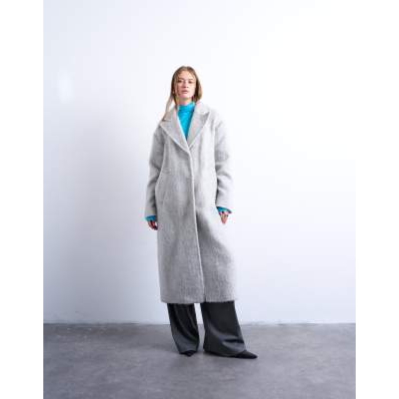 Topshop brushed unlined drop shoulder clean throw-on coat with wool in gray heather