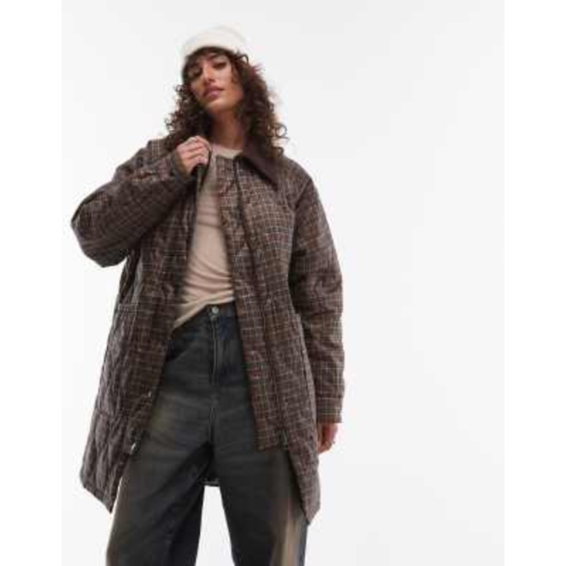 Topshop check long nylon coat with cord collar