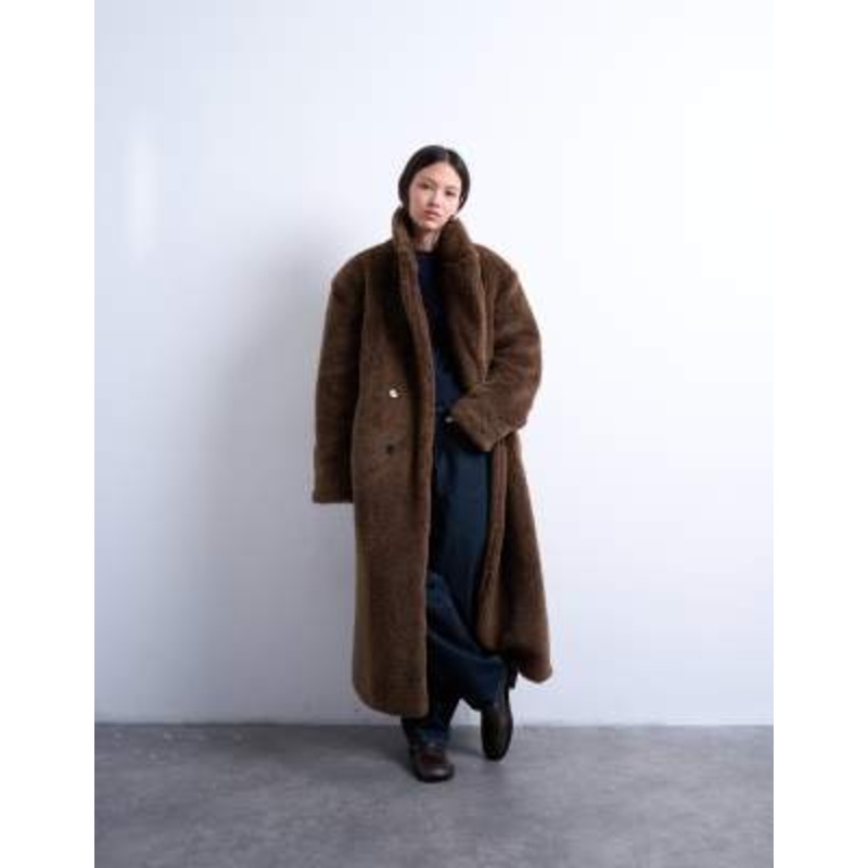 Topshop double breasted teddy longline coat in brown