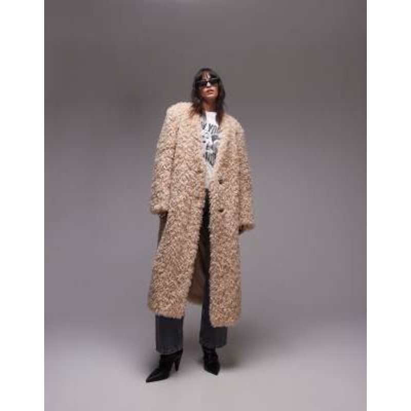 Topshop faux fur collarless long coat in honey