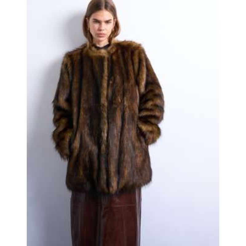 Topshop faux fur collarless mid length coat in ginger