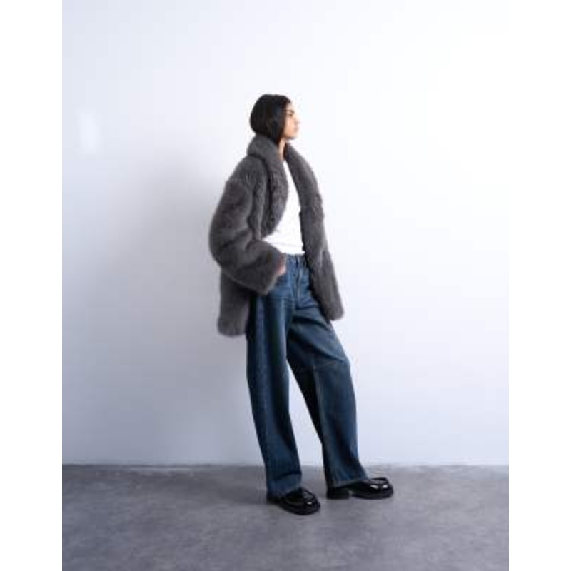 Topshop faux fur shawl mid-length coat in charcoal