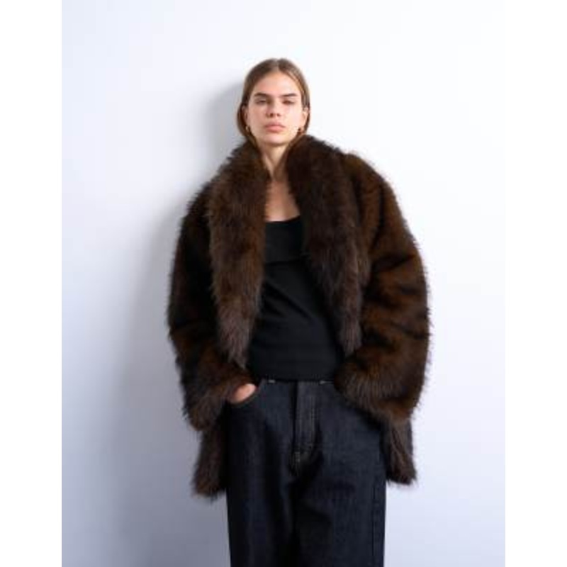 Topshop faux fur shawl mid length coat in chocolate