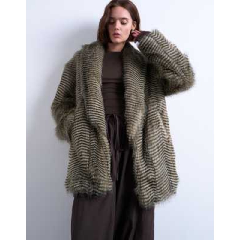 Topshop faux fur striped shawl mid length coat in black