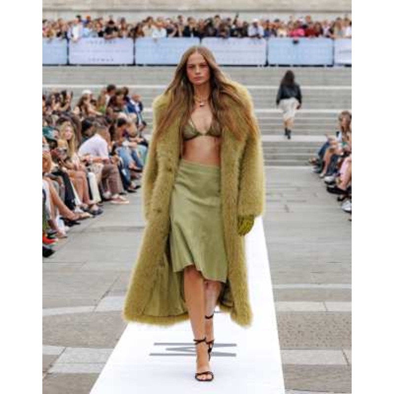 Topshop faux fur super long coat in green