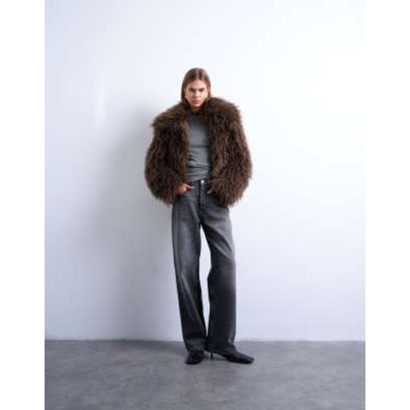 Topshop faux Mongolian fur bomber coat in chocolate
