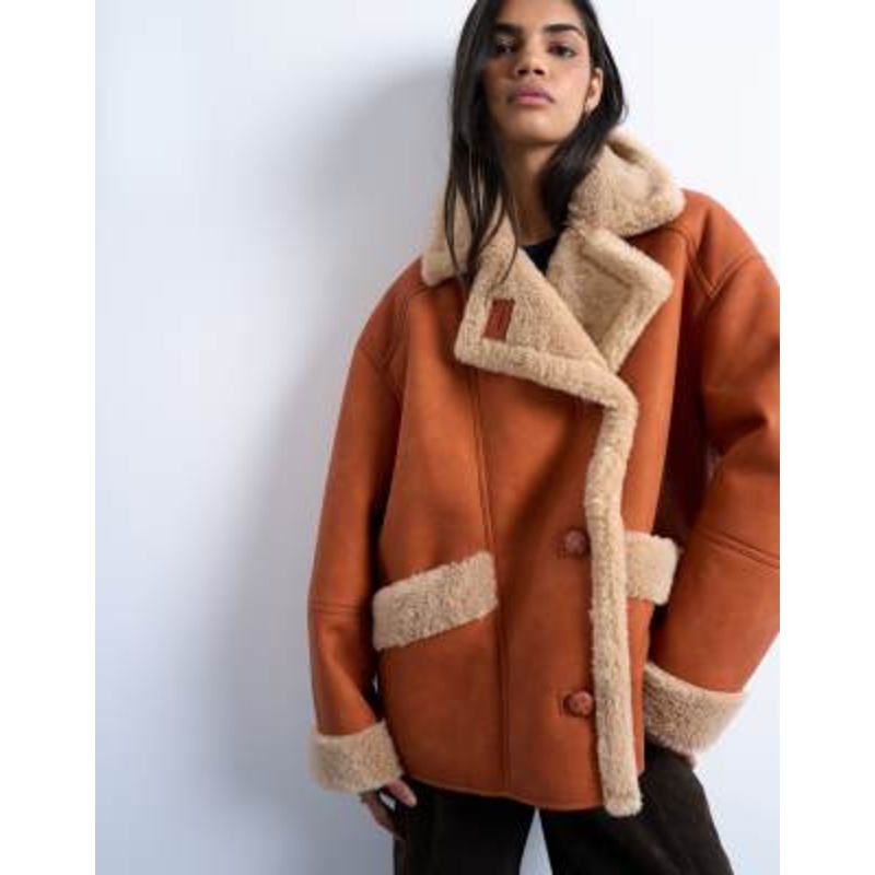 Topshop faux shearling super oversized car coat in tan and cream