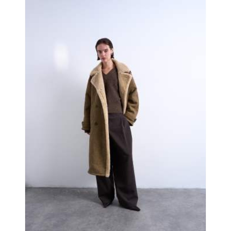 Topshop formal longline faux shearling coat in khaki