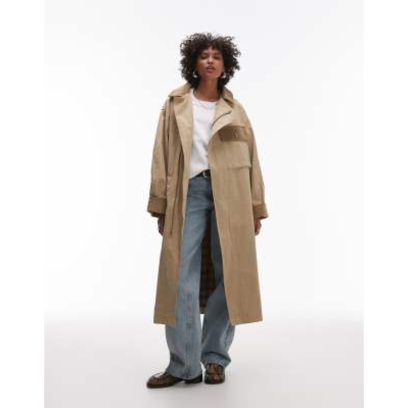 Topshop heritage trench coat with check lining in camel