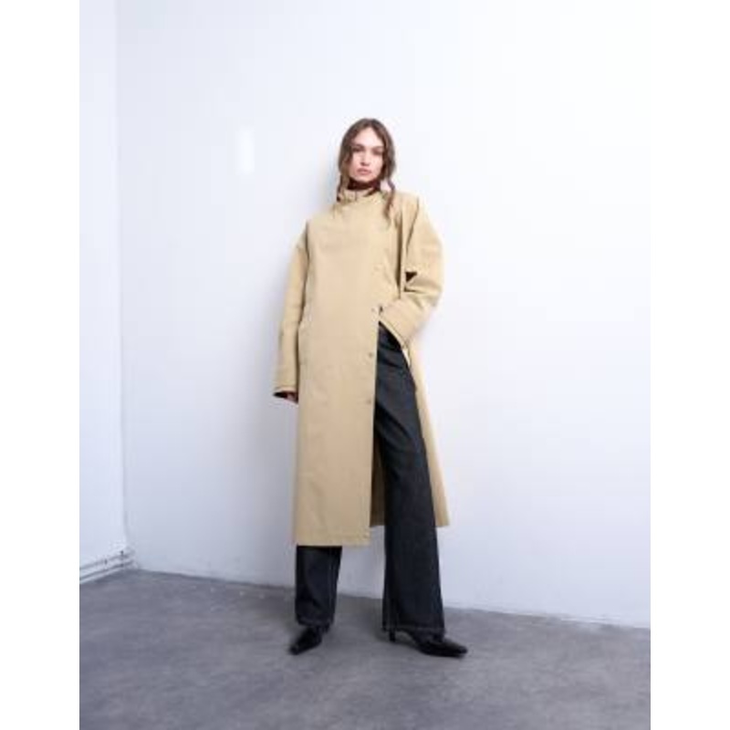 Topshop longline oversized trench coat with contrast collar and buckle detail in beige