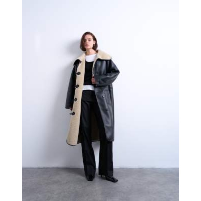 Topshop oversized longline coat in black and cream