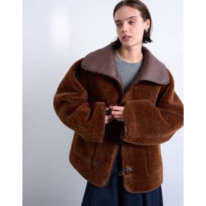Topshop shearling oversized reversible coat with button loop in chocolate