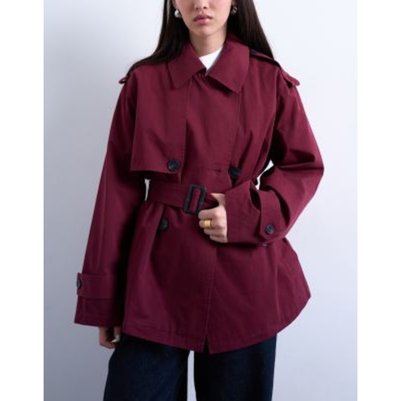 Topshop short 90s trench coat in burgundy