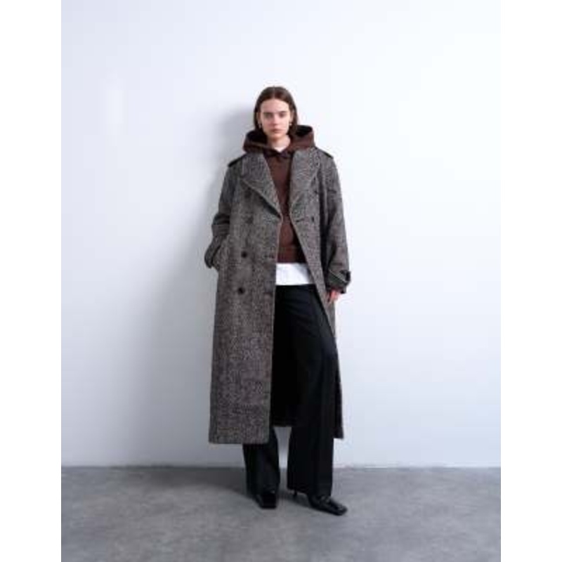 Topshop wool blend twill super longline belted coat in multi