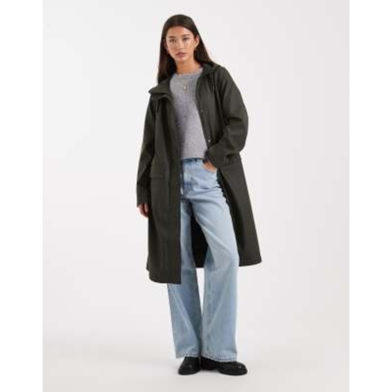 Vero Moda longline hooded rain coat in peat green