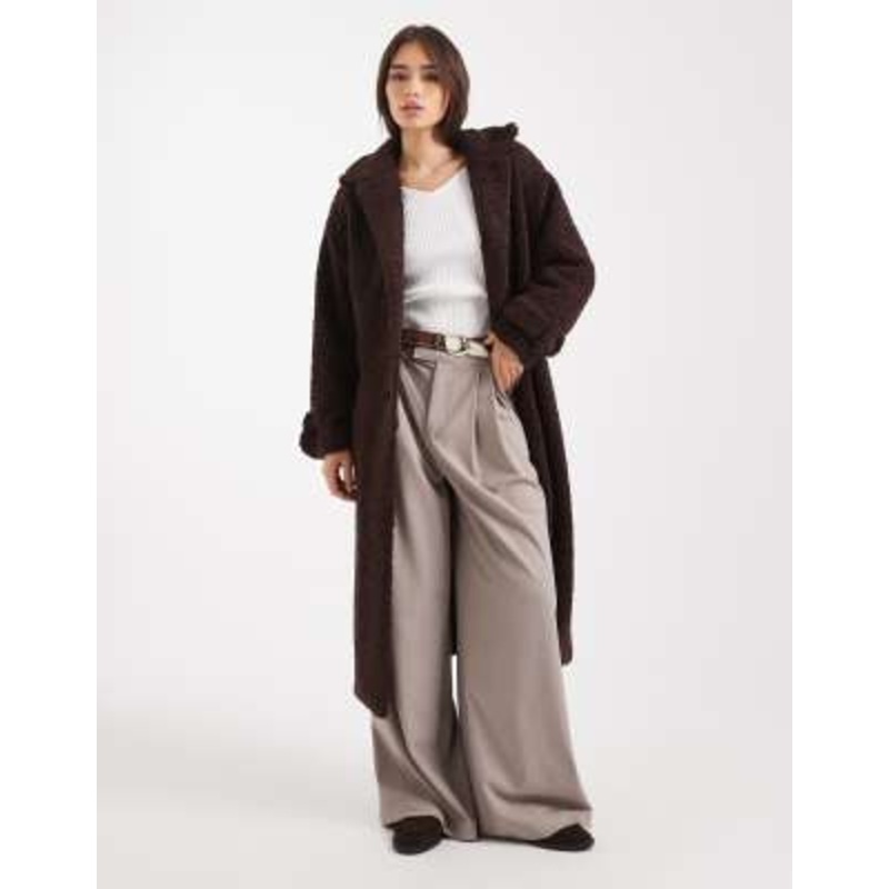 Wednesday’s Girl belted fluffy teddy midaxi coat in brown