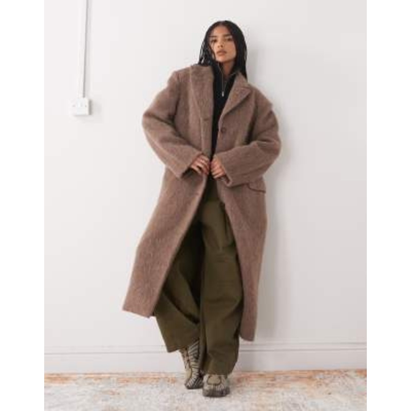 Weekday hairy alpaca & wool look oversized coat with exaggerated shoulders in brown
