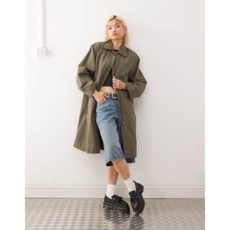 Weekday oversized canvas car coat in dark khaki green