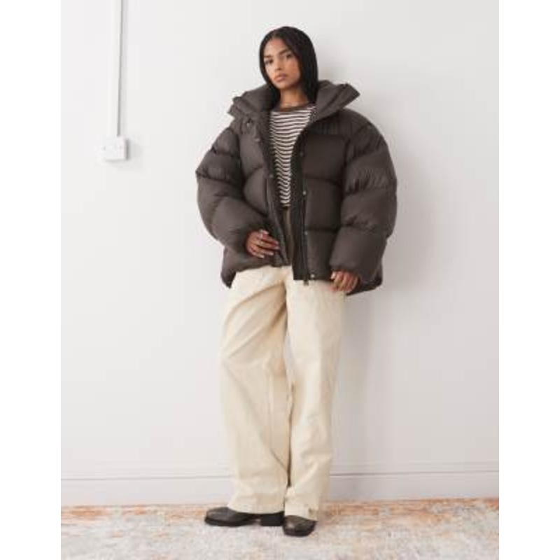 Weekday premium down puffer coat in dark brown