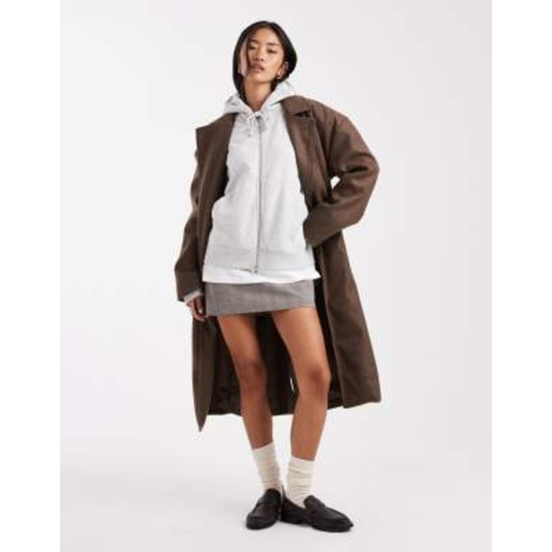 Brave Soul faux wool longline belted overcoat in brown