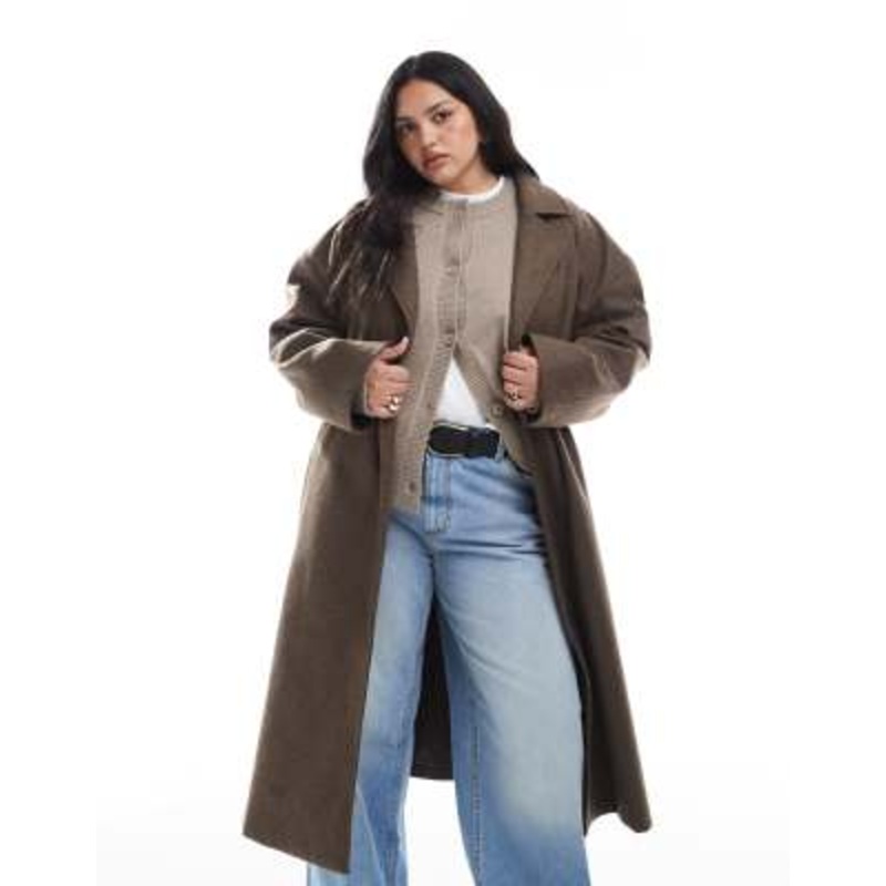Brave Soul Plus faux wool longline belted overcoat in brown