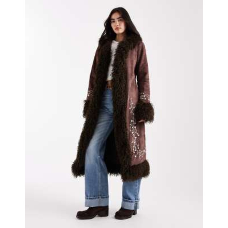 Daisy Street embroidered penny lane coat with faux fur trim in brown
