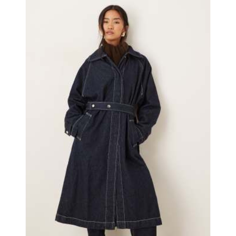 Gina Tricot midi length denim coat with tie front in darkwash indigo blue
