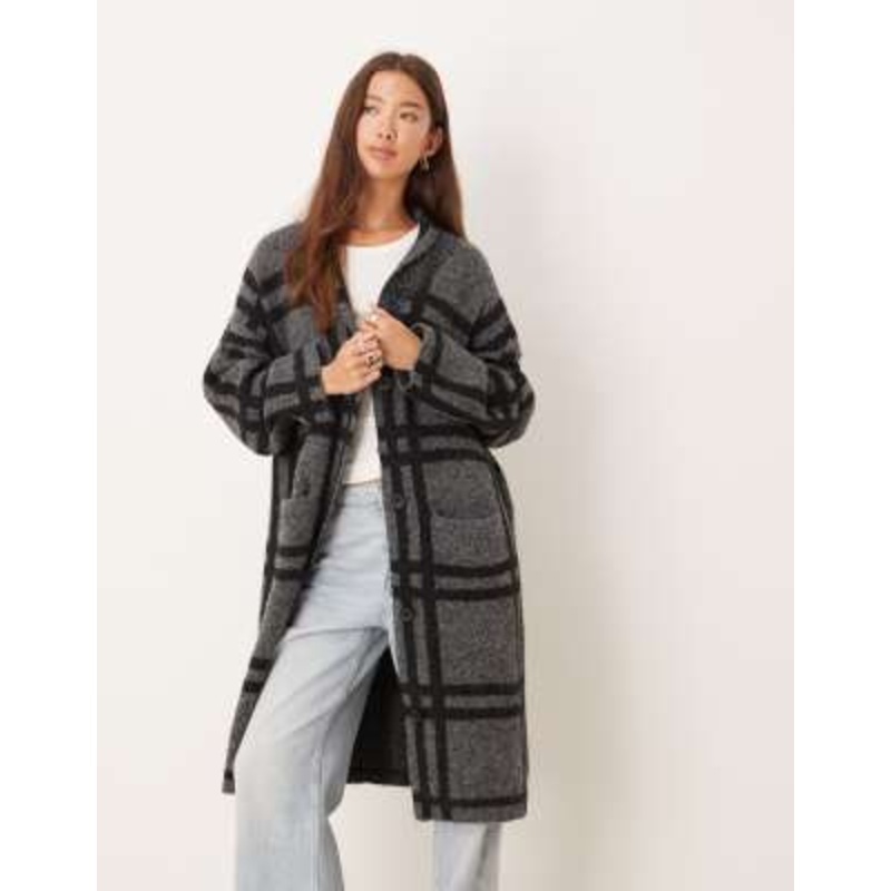JDY longline coatigan in dark gray plaid