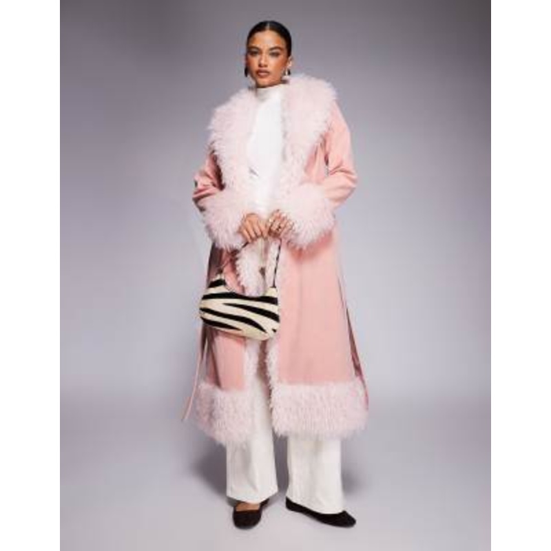Kaiia exclusive faux fur trim penny lane maxi coat in dusky pink