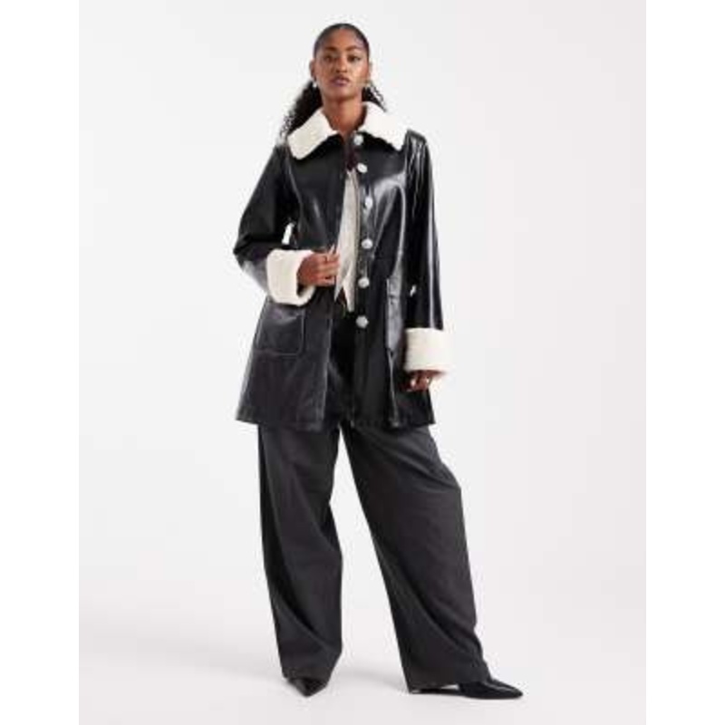 Miss Selfridge contrast collar faux leather coat in black