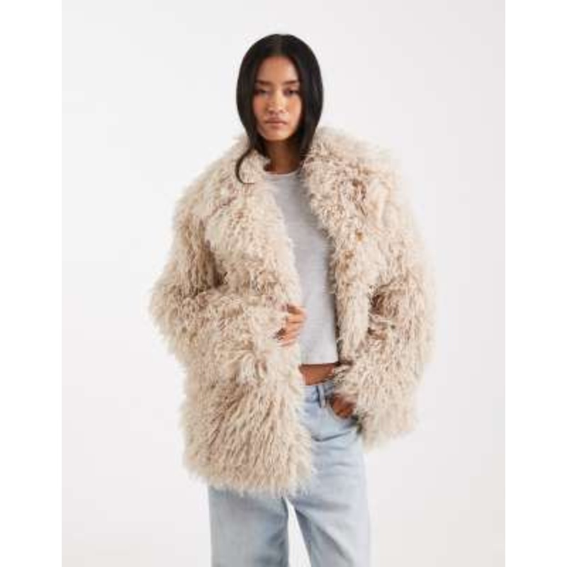 Miss Selfridge mongolian faux fur oversized coat in buttermilk