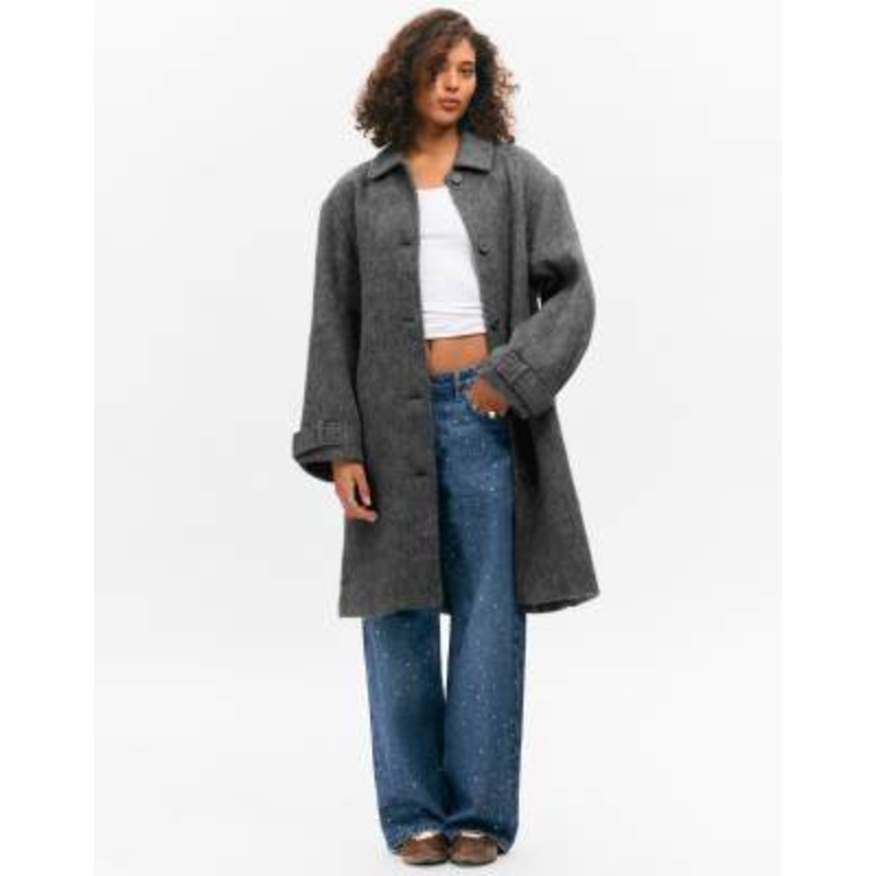 Monki longline coat with wool in dark gray