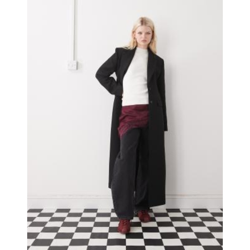 Monki maxi length coat with wool in black