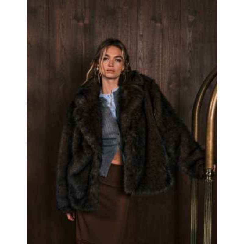 Monki oversized short faux fur coat with collar detail in dark chocolate brown