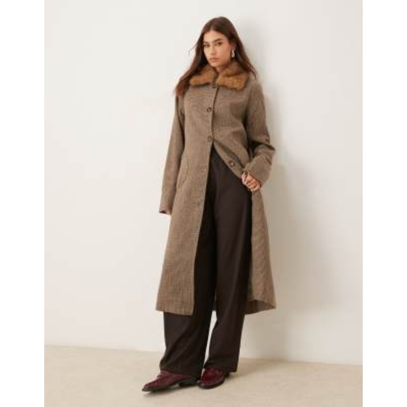 Motel Norceil longline faux fur collared coat in brown