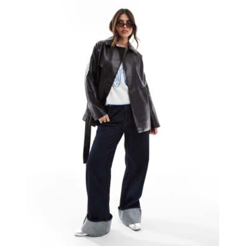 ONLY faux leather short trench coat in black