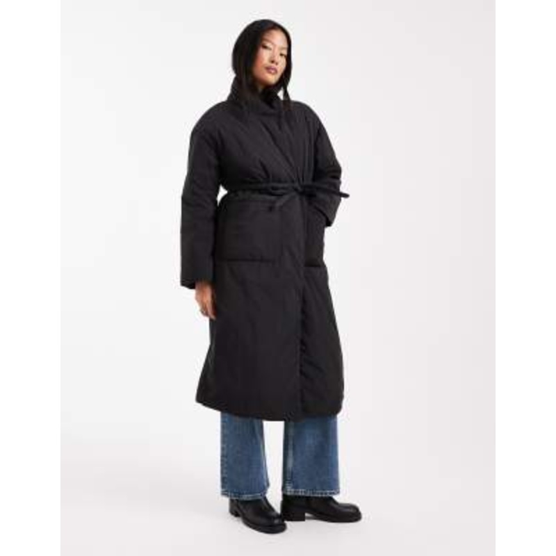 ONLY Petite tie waist longline coat in black