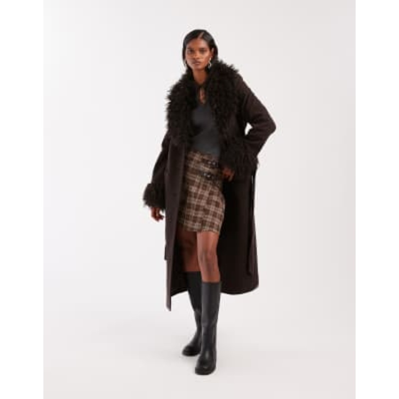 & Other Stories wool belted midaxi coat in brown with faux fur trim