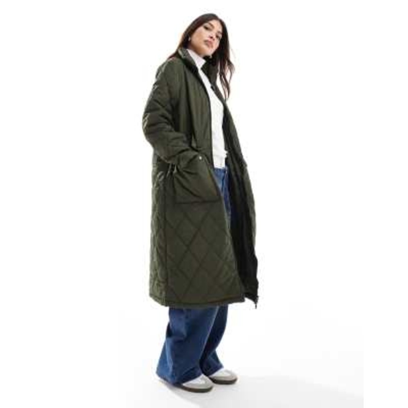 Pieces high neck quilted longline coat in khaki green