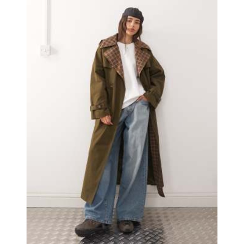 Reclaimed Vintage check lined trench coat with belt in khaki