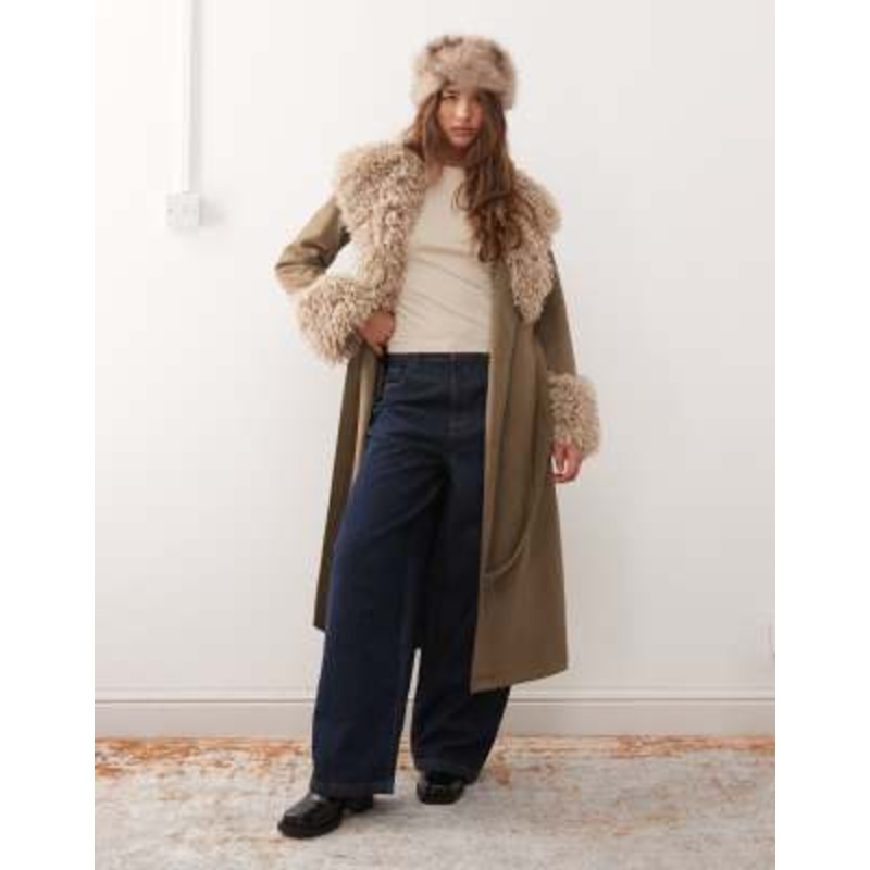 Reclaimed Vintage longline suede look trench coat with faux fur collar and cuffs in khaki