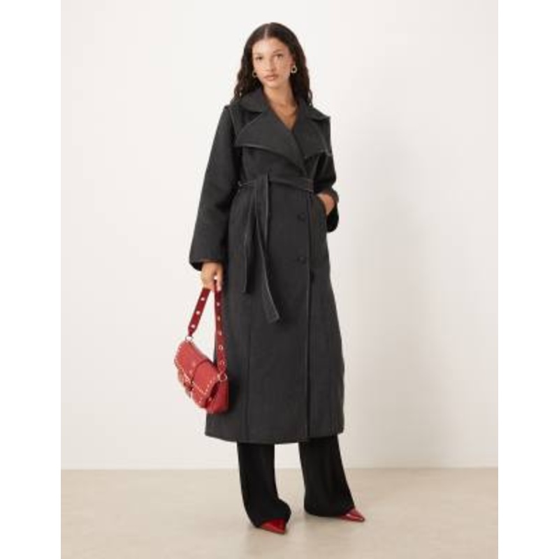 SNDYS wool look faux leather trim collared belted double breasted maxi coat in charcoal