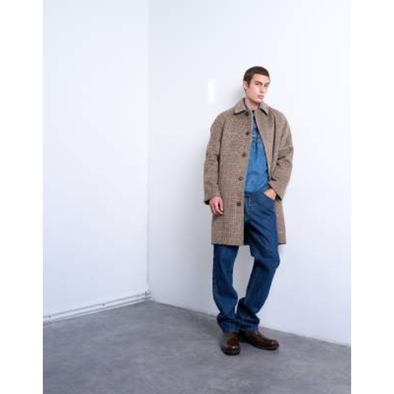 Topman brushed plaid wool blend overcoat in brown