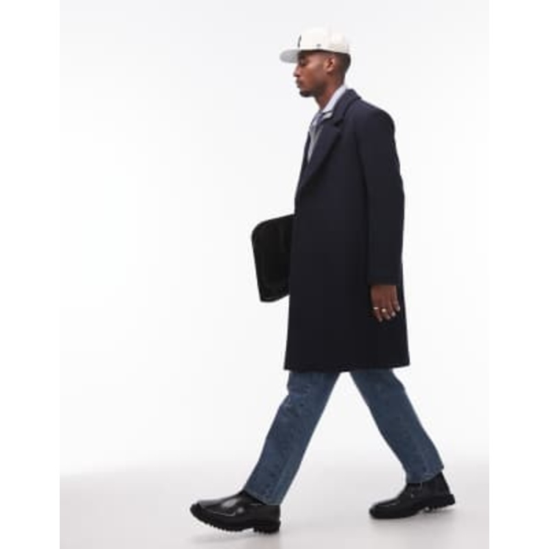 Topman relaxed single breasted overcoat in navy