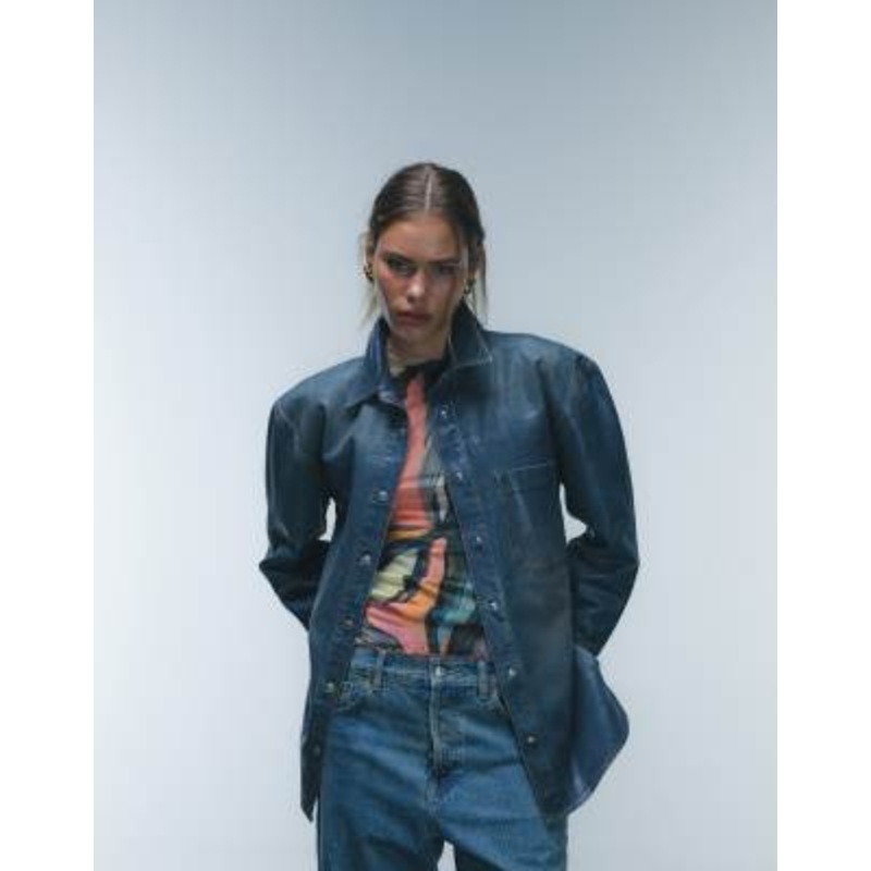 Topshop denim coated shirt in deep sea wash